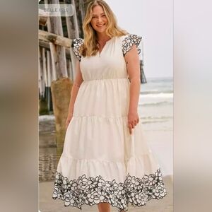 Ivory Tiered Dress with Black Floral Embroidery - Size 16